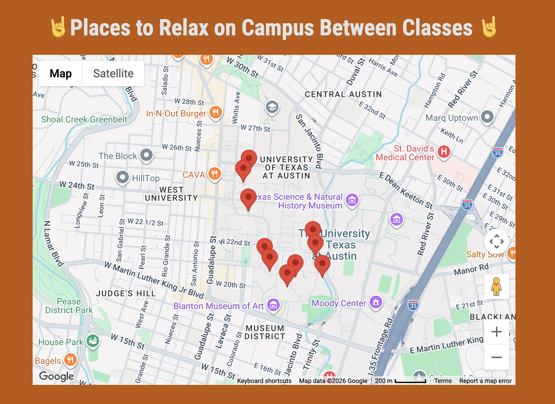 Study Spot Finder campus map showing study locations around the University of Texas at Austin